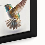 Close-up of a framed canvas wall art featuring vibrant hummingbird design, showcasing intricate details and rich colors, perfect for nature-themed decor.