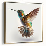 Framed canvas wall art featuring a vibrant hummingbird design in gold tones, showcasing intricate details and a modern aesthetic, perfect for home decor.