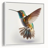 Framed canvas wall art featuring a vibrant hummingbird design, elegantly displayed against a white backdrop, ideal for enhancing interior decor and creating a serene atmosphere.