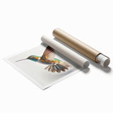 Colorful hummingbird wall art print featuring intricate floral designs and vibrant hues, rolled and ready for framing, perfect for nature-inspired decor.