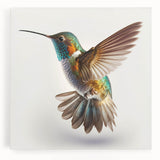 Vibrant hummingbird wall art design printed on stretched canvas, showcasing intricate details and bright colors, perfect for home decor or nature enthusiasts.