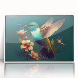 Framed wall art showcasing a vibrant hummingbird design on a white background, perfect for adding a touch of nature-inspired decor to any room. The acrylic frame enhances the colorful details and creates a modern aesthetic.