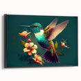 Framed canvas wall art featuring a vibrant hummingbird design in a sleek black frame, showcasing intricate details and vivid colors, perfect for nature enthusiasts.