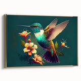Framed canvas wall art featuring a vibrant hummingbird design, elegantly showcased with a gold frame, ideal for adding color and style to home decor.