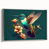 Framed canvas wall art showcasing a vibrant hummingbird design in silver, elegantly displayed from the side to highlight its intricate details and colors.