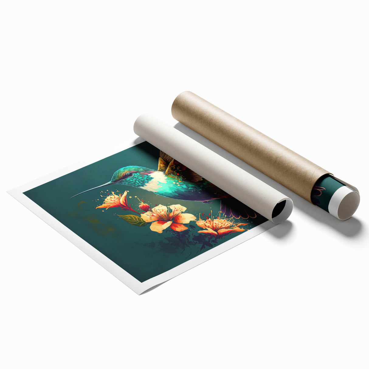 Vibrant rolled print of a hummingbird design showcasing intricate details and bright colors, ideal for enhancing modern home decor or art collections.