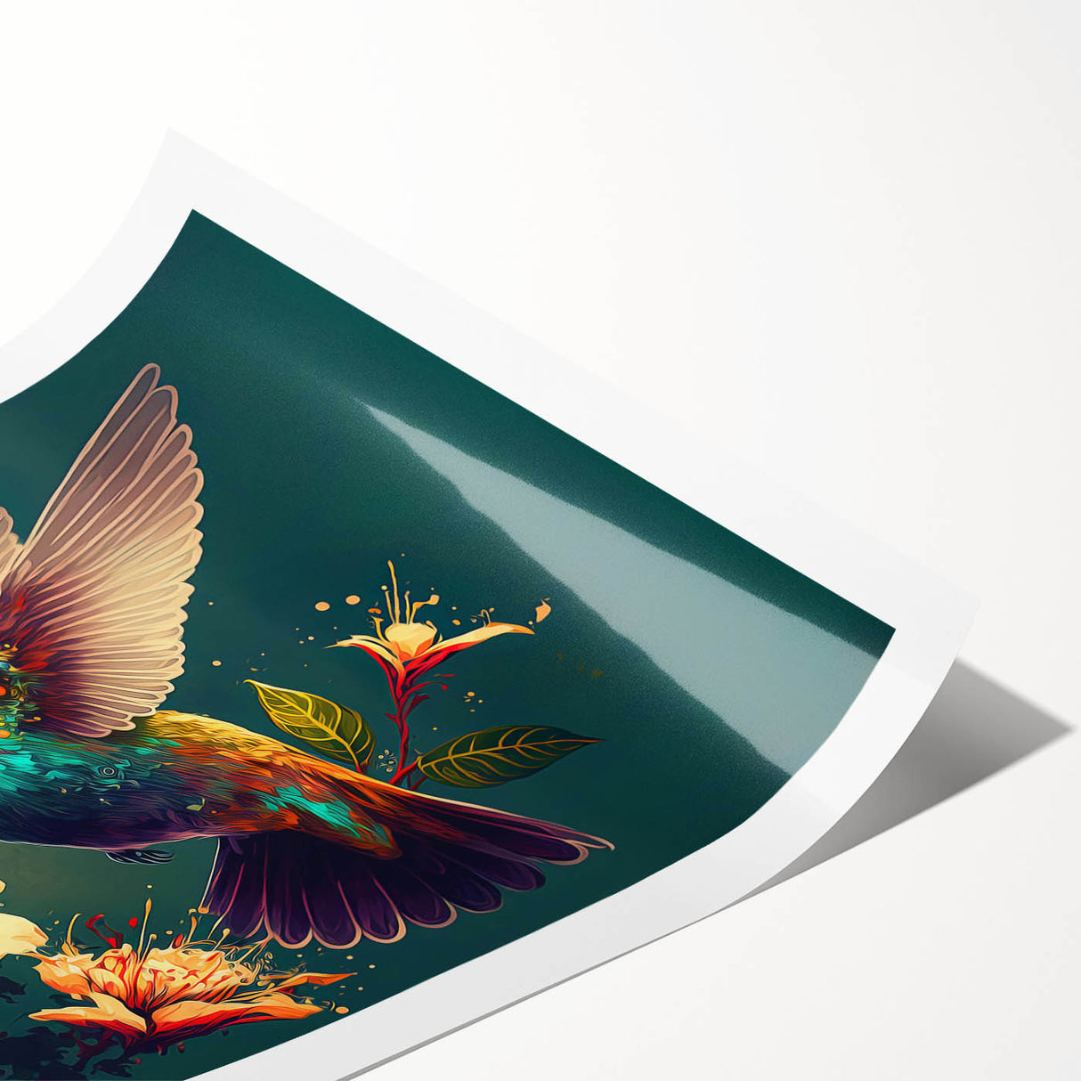 Vibrant hummingbird wall art print showcasing intricate details and bold colors, rolled and ready for framing, perfect for nature lovers and home decor enthusiasts.