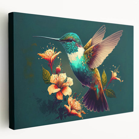 Colorful hummingbird design wall art on stretched canvas, showcasing vibrant details and textures, perfect for enhancing home decor with a nature-inspired aesthetic.