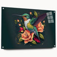 Vibrant hummingbird wall art design displayed in acrylic glass, showcasing intricate details and bright colors, perfect for home decor or gallery display.