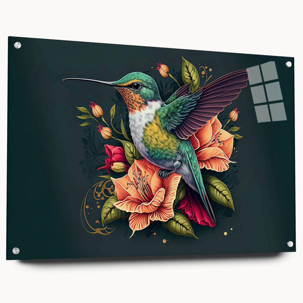 Vibrant hummingbird wall art design displayed in acrylic glass, showcasing intricate details and bright colors, perfect for home decor or gallery display.
