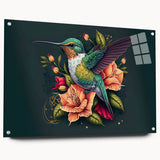 Vibrant hummingbird wall art design displayed in acrylic glass, showcasing intricate details and bright colors, perfect for home decor or gallery display.