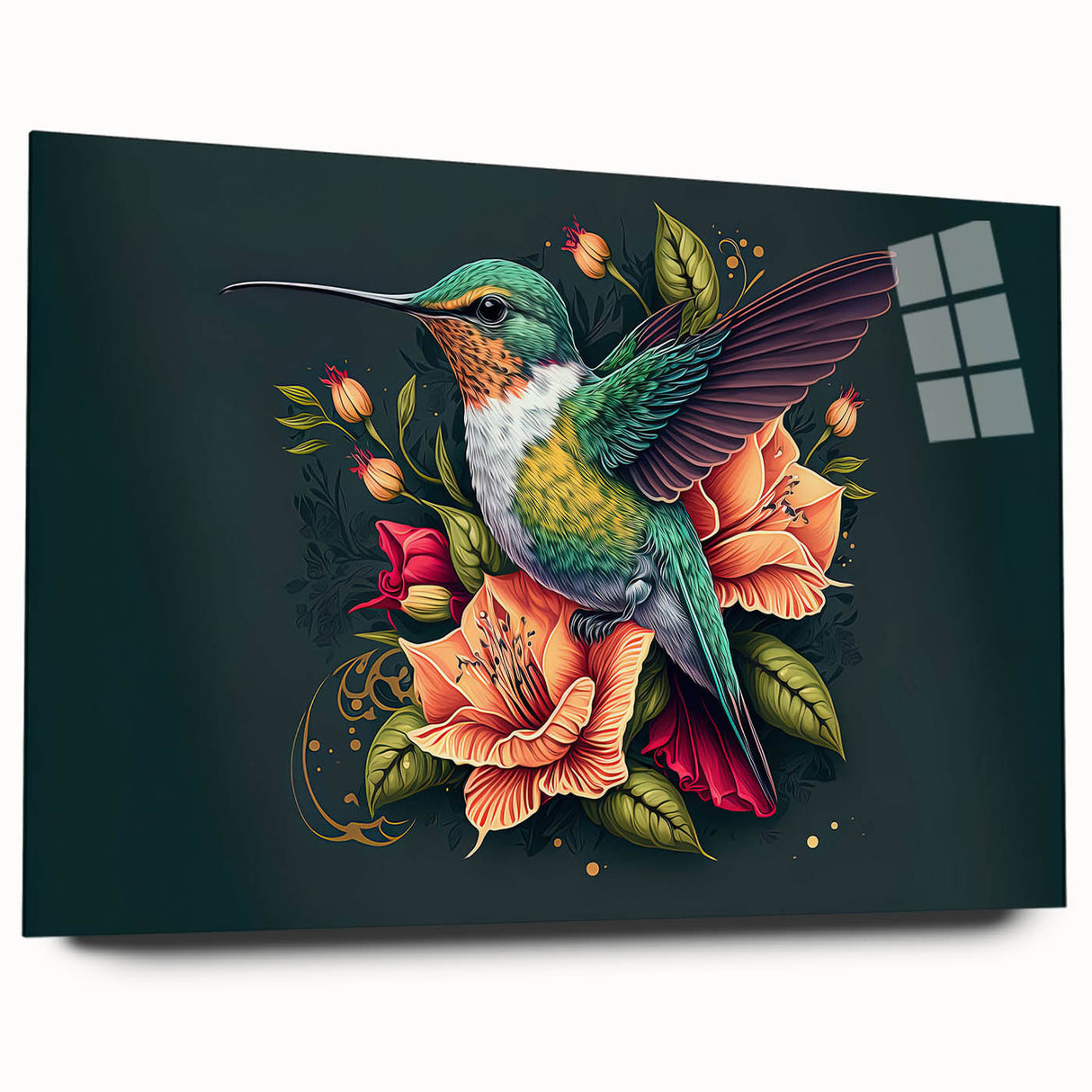 Side view of a hummingbird-themed wall art design displayed in an acrylic glass frame, showcasing vibrant colors and intricate details, perfect for home decor.