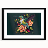Framed wall art featuring a vibrant hummingbird design with intricate details, set in a sleek black frame. Ideal for enhancing home decor with a touch of nature.