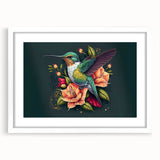 Framed wall art featuring a vibrant hummingbird design, set against a white mat, showcasing intricate details and bright colors. Perfect for nature lovers and modern decor.