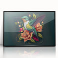 Framed wall art showcasing a vibrant hummingbird design in acrylic, featuring a sleek black frame that enhances the colorful artwork, perfect for modern decor.