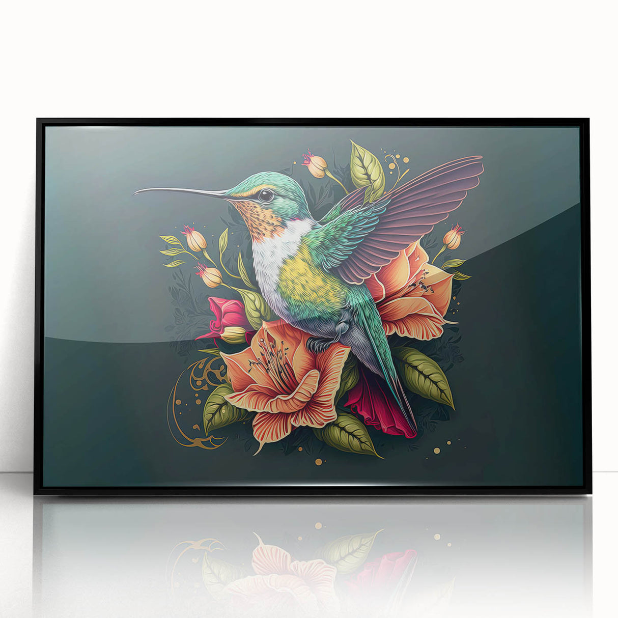Framed wall art showcasing a vibrant hummingbird design in acrylic, featuring a sleek black frame that enhances the colorful artwork, perfect for modern decor.