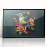 Framed wall art showcasing a vibrant hummingbird design in acrylic, featuring a sleek black frame that enhances the colorful artwork, perfect for modern decor.