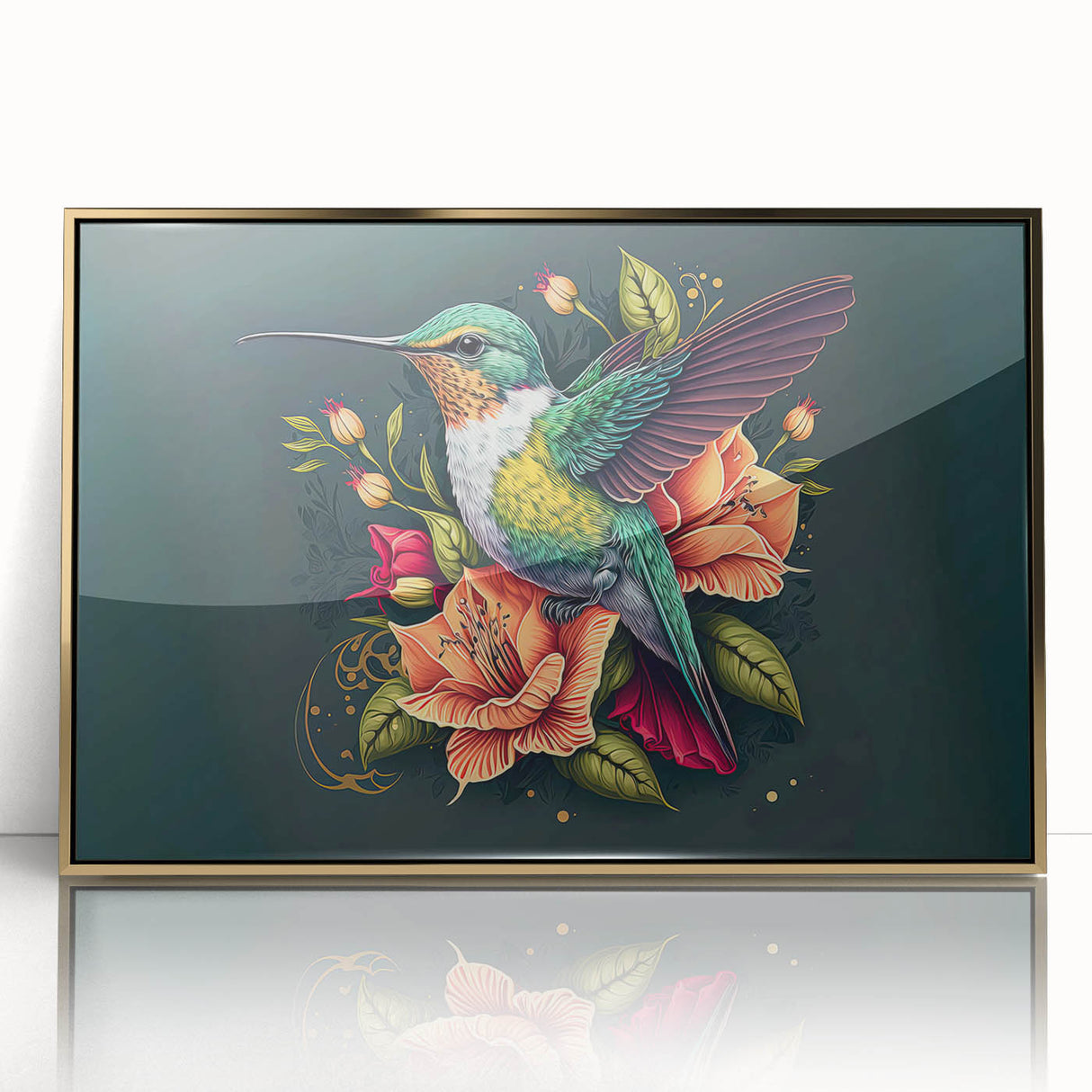 Framed wall art featuring a vibrant hummingbird design in gold-acrylic finish, showcasing intricate details and vivid colors, perfect for modern decor.