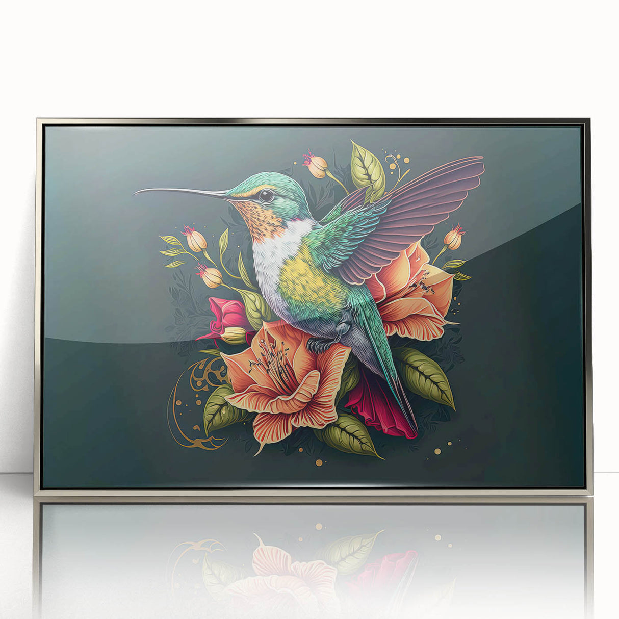 Framed wall art featuring a detailed design of colorful hummingbirds against a vibrant backdrop, showcasing intricate details and elegant silver frame, ideal for nature enthusiasts.