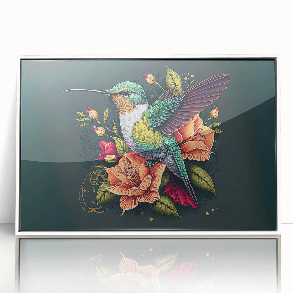 Framed wall art featuring an intricate hummingbird design in vibrant colors, displayed with a sleek white frame, perfect for adding a touch of nature-inspired decor to any space.