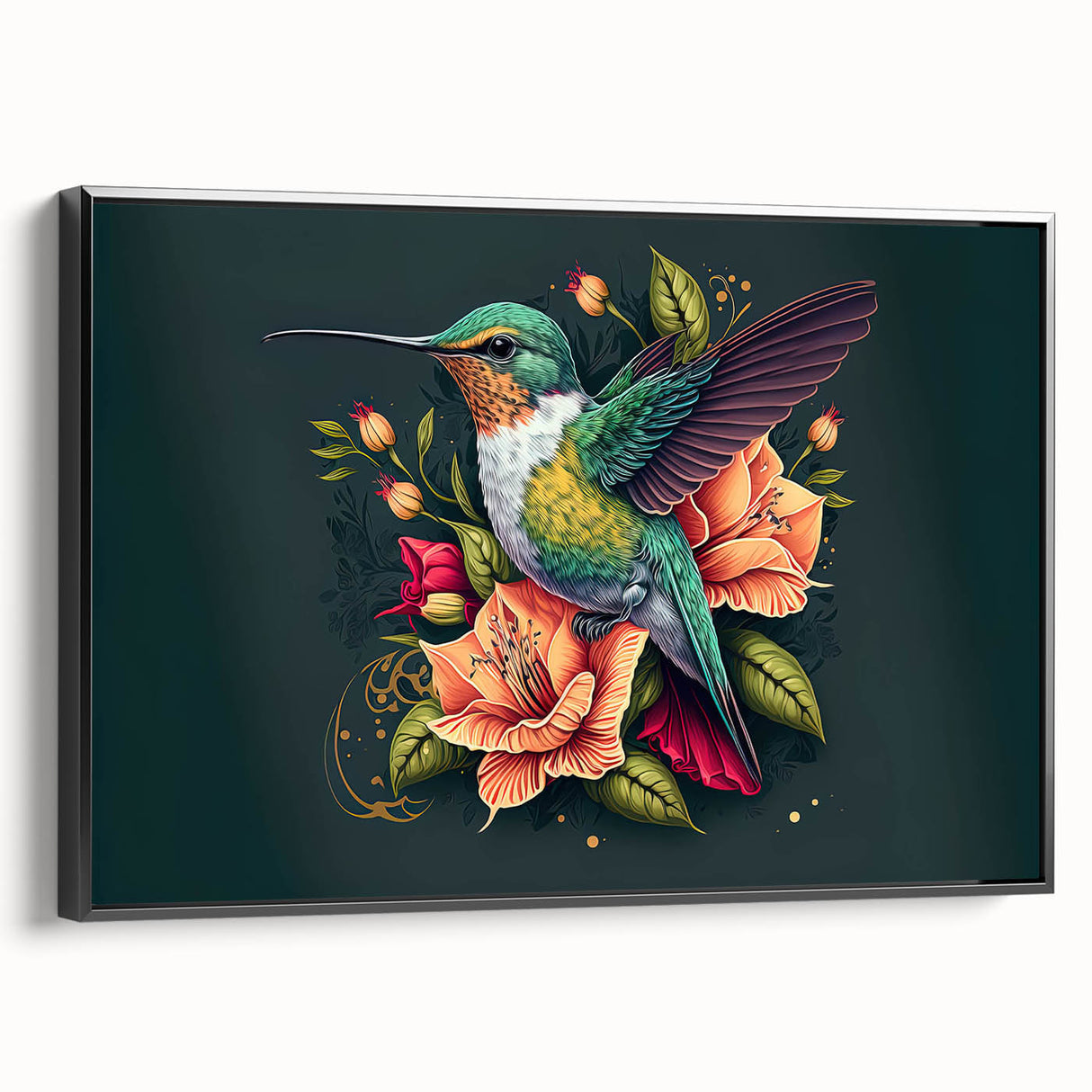 Framed wall art featuring a vibrant hummingbird design on canvas, showcasing intricate colors and details, set against a sleek black frame, ideal for nature-inspired decor.