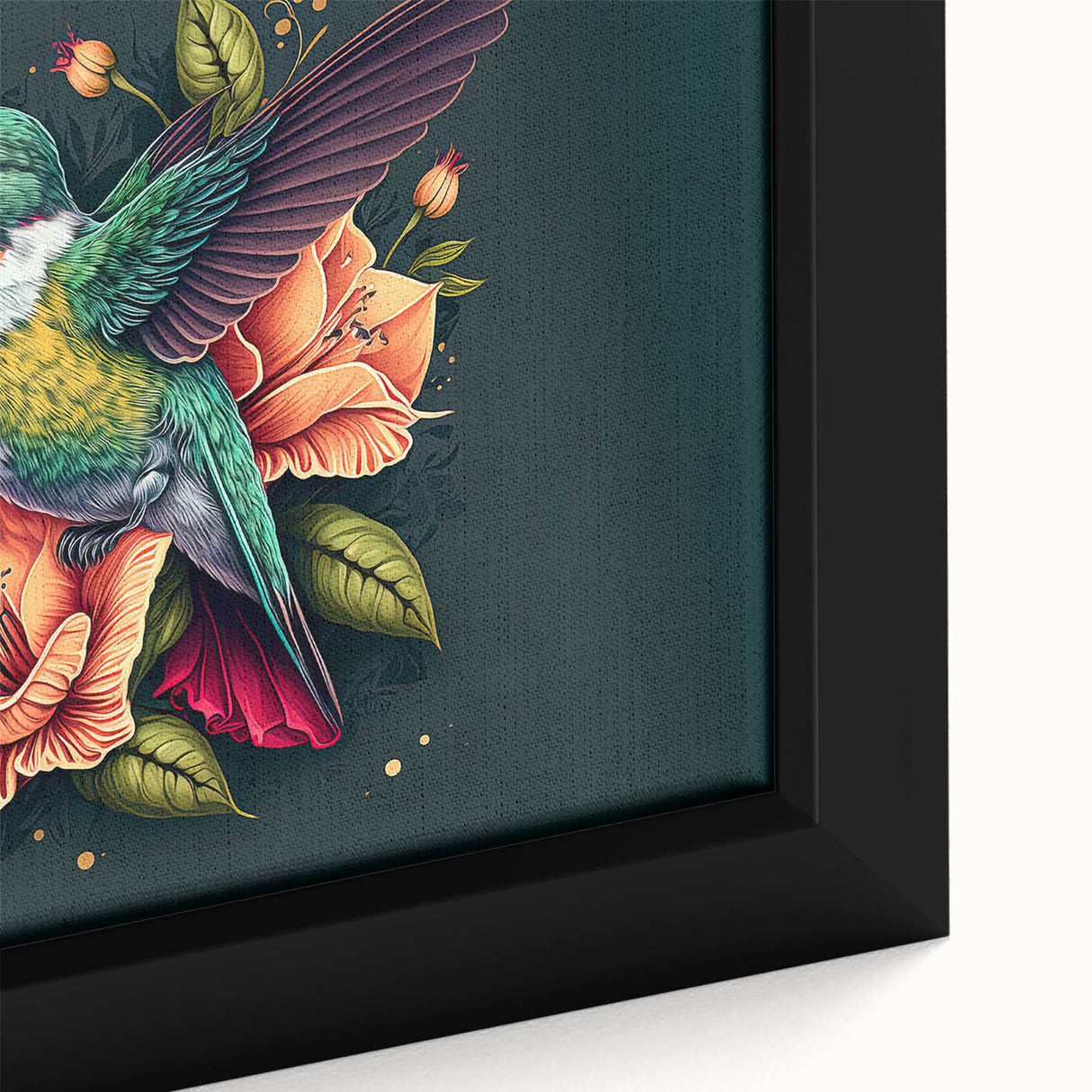 Close-up of a framed canvas wall art showcasing vibrant hummingbird design in teal and gold, perfect for enhancing home decor with nature-inspired elegance.
