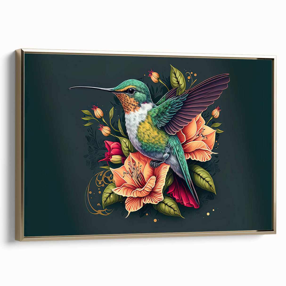 Framed wall art featuring a gold-accented hummingbird design on a textured canvas, showcasing vibrant colors and intricate details, perfect for home decor.