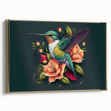 Framed wall art featuring a gold-accented hummingbird design on a textured canvas, showcasing vibrant colors and intricate details, perfect for home decor.