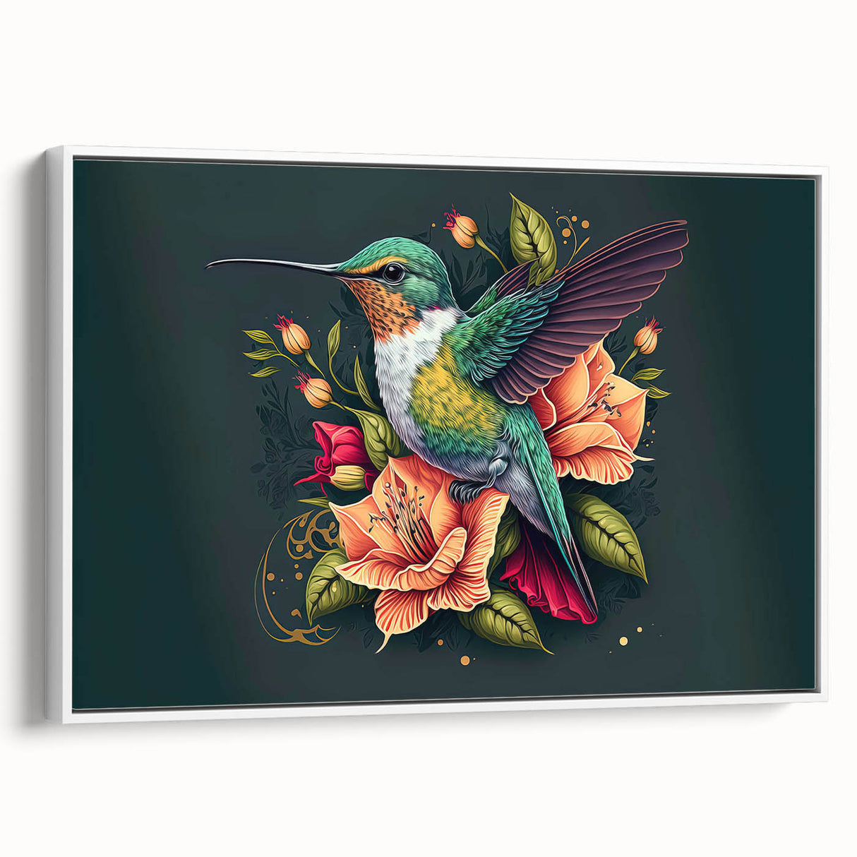 Framed canvas wall art featuring a vibrant hummingbird design, set against a white background, showcasing intricate details and a modern aesthetic, ideal for nature lovers.