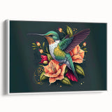 Framed canvas wall art featuring a vibrant hummingbird design, set against a white background, showcasing intricate details and a modern aesthetic, ideal for nature lovers.