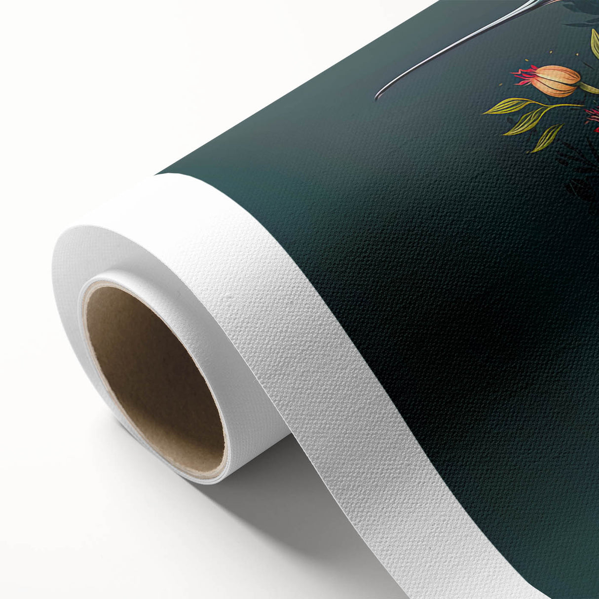 Vibrant rolled canvas artwork showcasing a colorful hummingbird design surrounded by abstract floral elements, perfect for home decor and nature lovers.