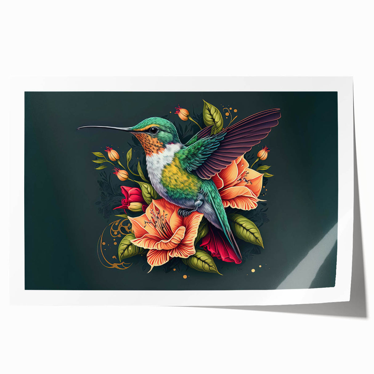 Vibrant rolled wall art print showcasing a detailed hummingbird design, featuring rich colors and intricate patterns, ideal for home decor or art enthusiasts.