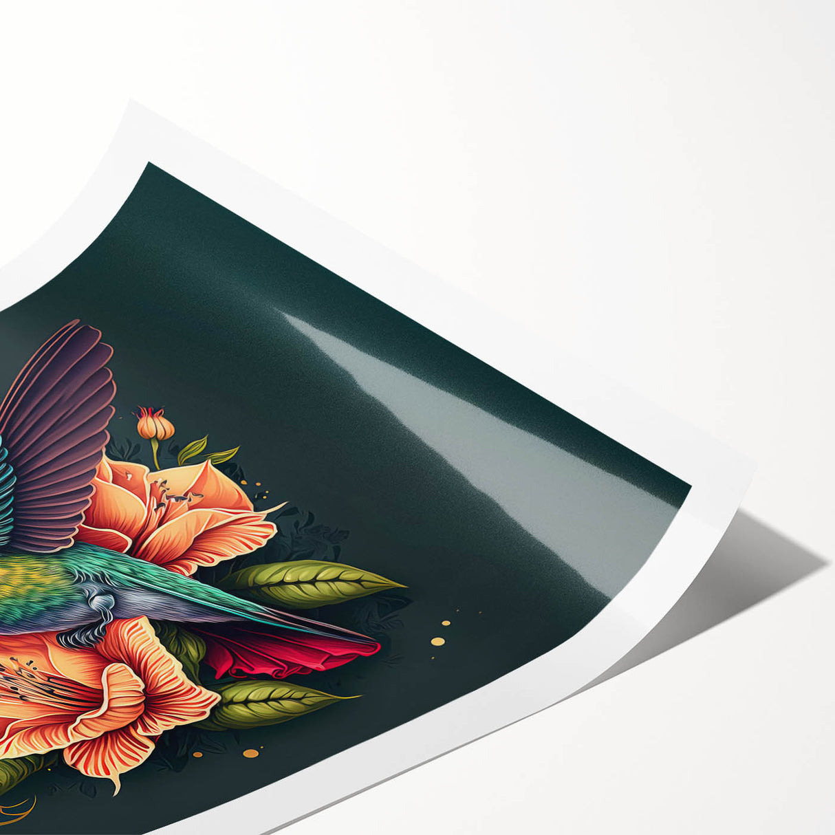 Vibrant rolled print of a hummingbird design, showcasing detailed colors and intricate patterns, ideal for home decor or nature-themed art collections.