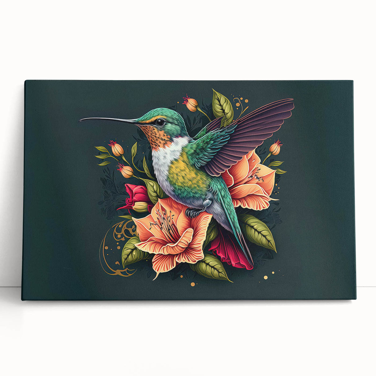 Vibrant hummingbird wall art design on stretched canvas, showcasing colorful birds in a natural setting, perfect for enhancing home decor with a touch of nature.