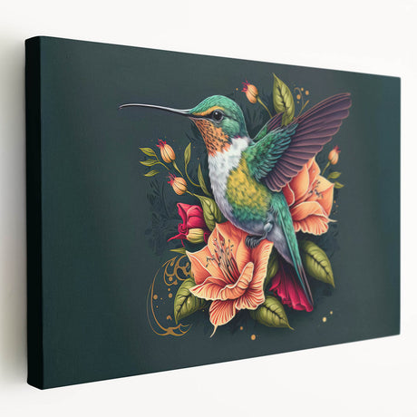 Stretched canvas artwork showcasing a vibrant hummingbird design, featuring bold colors and intricate details, perfect for enhancing home decor with a touch of nature.