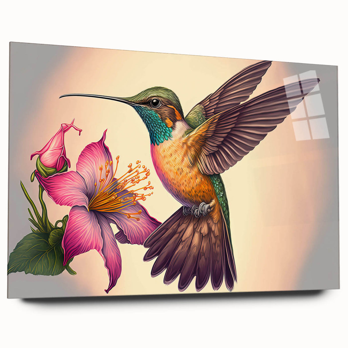 Hummingbird wall art design displayed in an acrylic glass frame, showcasing vibrant colors and intricate details, perfect for home decor or nature enthusiasts.