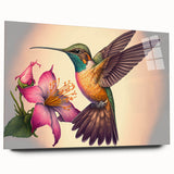 Hummingbird wall art design displayed in an acrylic glass frame, showcasing vibrant colors and intricate details, perfect for home decor or nature enthusiasts.