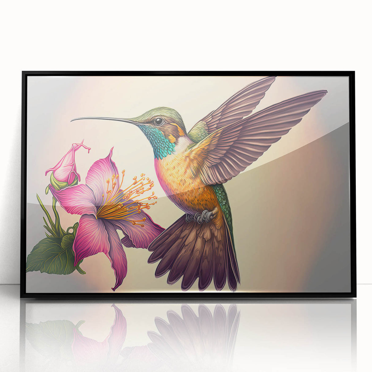 Framed wall art featuring a vibrant hummingbird design with black accents, showcasing intricate details and colors, ideal for home decor or nature enthusiasts.