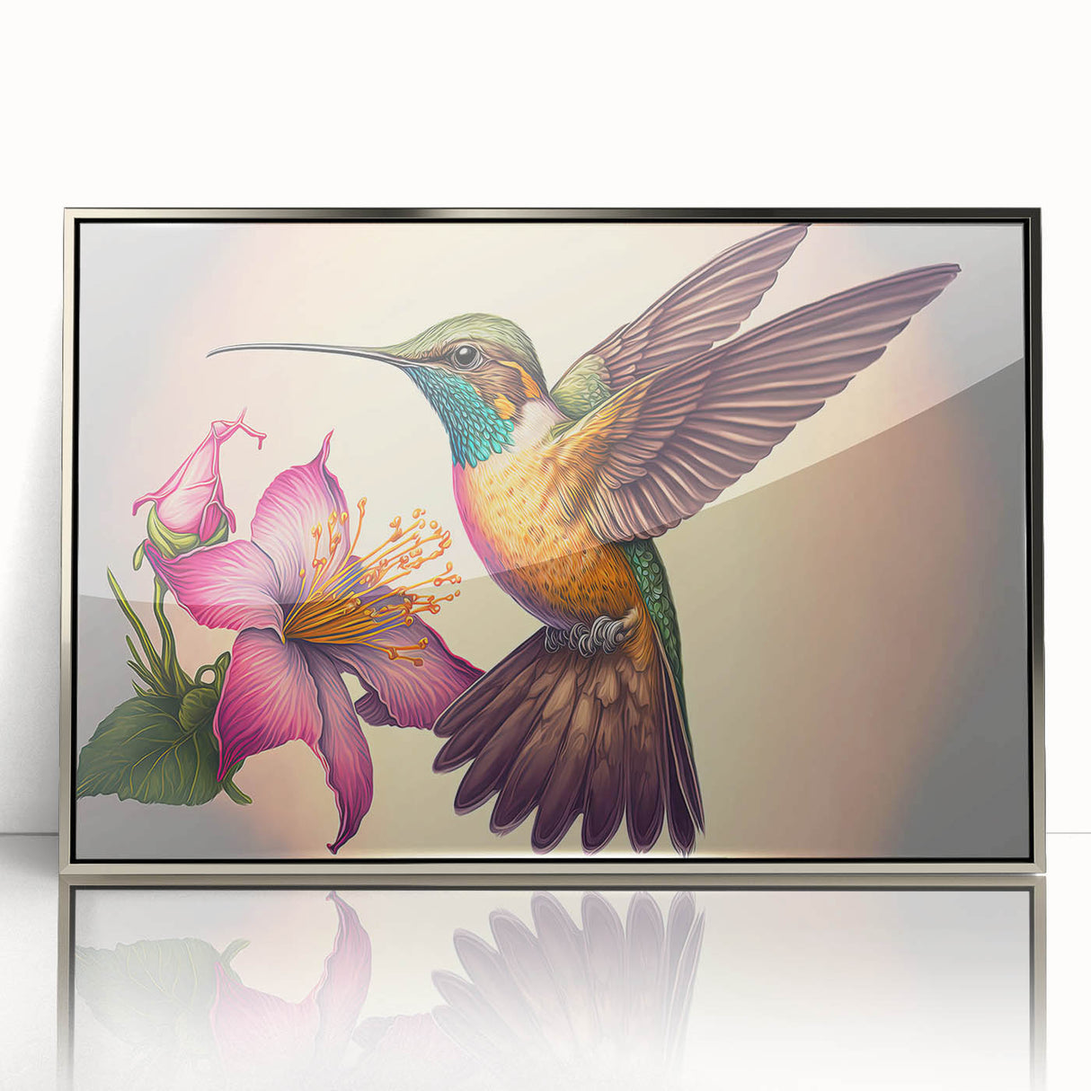 Framed acrylic wall art featuring a colorful hummingbird design, showcasing vibrant hues of green, blue, and orange, perfect for enhancing any modern decor.