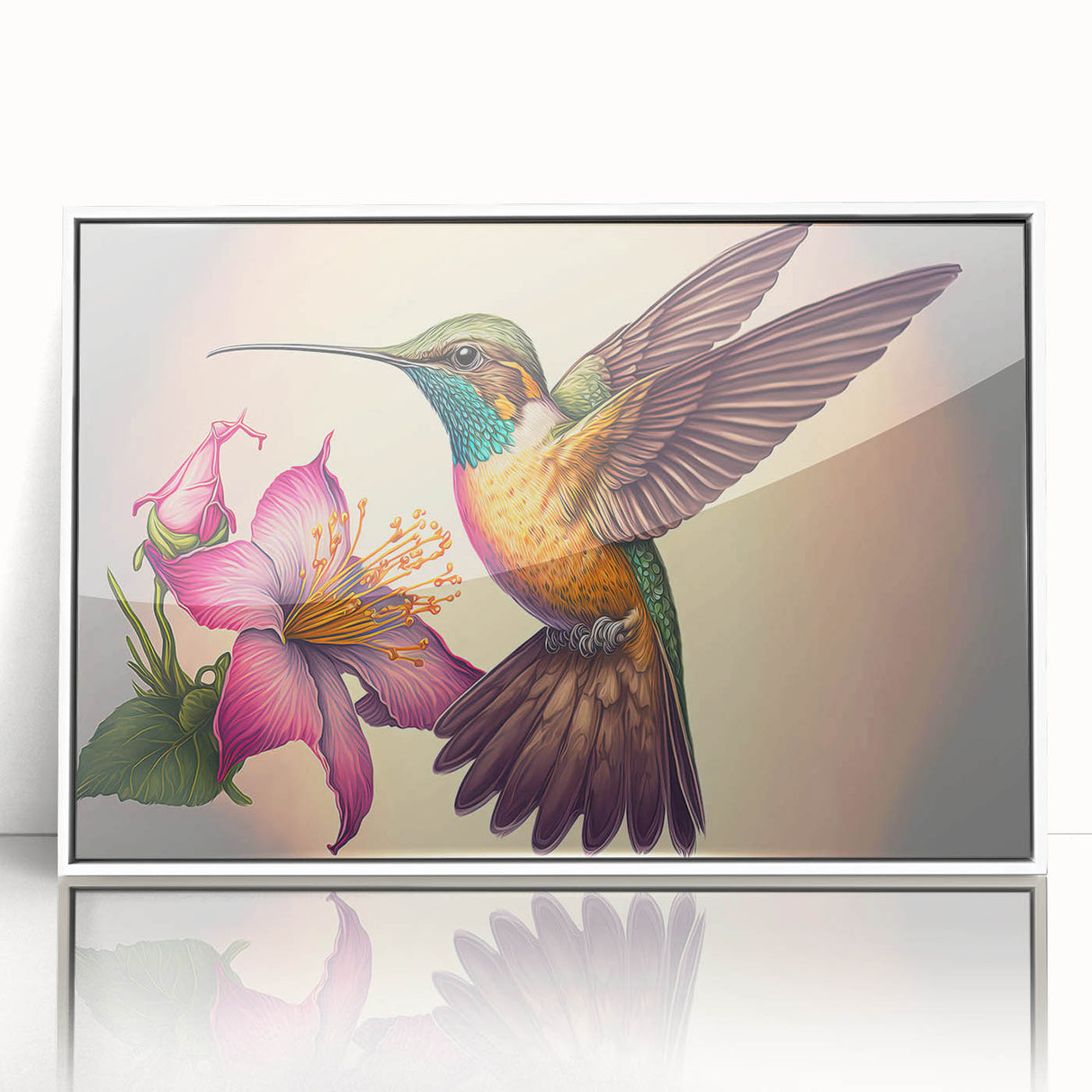 Framed wall art showcasing a vibrant hummingbird design in an acrylic finish, featuring a white frame that enhances the colorful artwork, ideal for home decor.