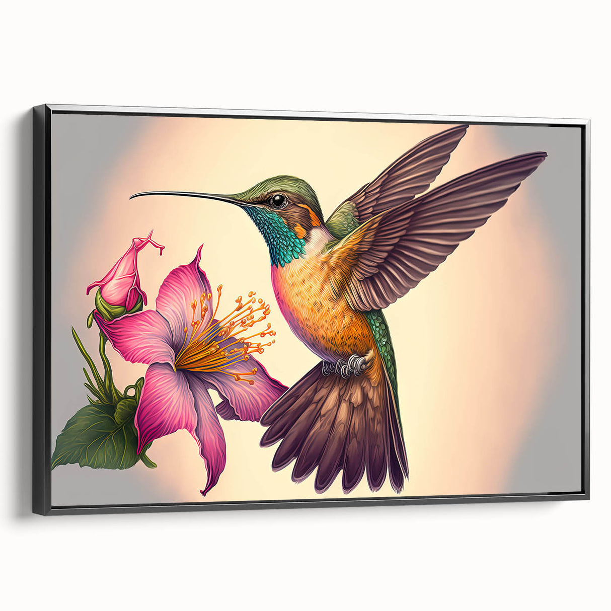 Framed wall art featuring a vibrant hummingbird design on black canvas, showcasing intricate details and colors, ideal for home decor and nature enthusiasts.