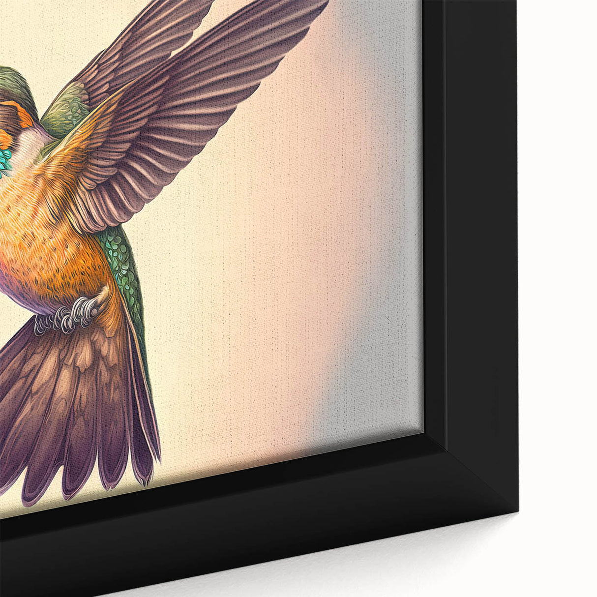 Close-up of a vibrant hummingbird wall art design on a framed canvas, showcasing intricate details and vivid colors, perfect for nature-themed decor.