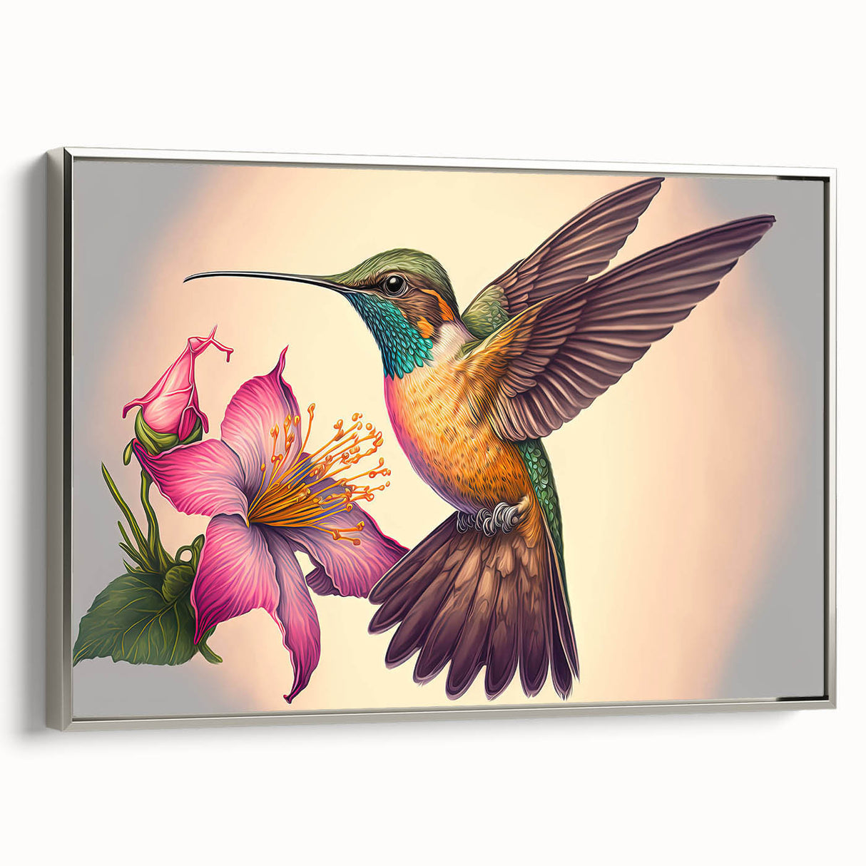 Framed canvas wall art showcasing a vibrant hummingbird design in silver tones, elegantly displayed from the side, perfect for modern decor.