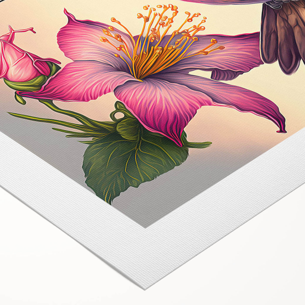 Colorful rolled canvas artwork depicting a vibrant hummingbird design, showcasing intricate details and rich hues, ideal for enhancing any living space or gallery wall.
