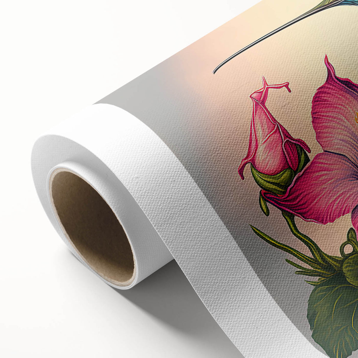 Vibrant rolled canvas artwork showcasing a detailed hummingbird design, featuring bright colors and intricate patterns, perfect for enhancing home decor.