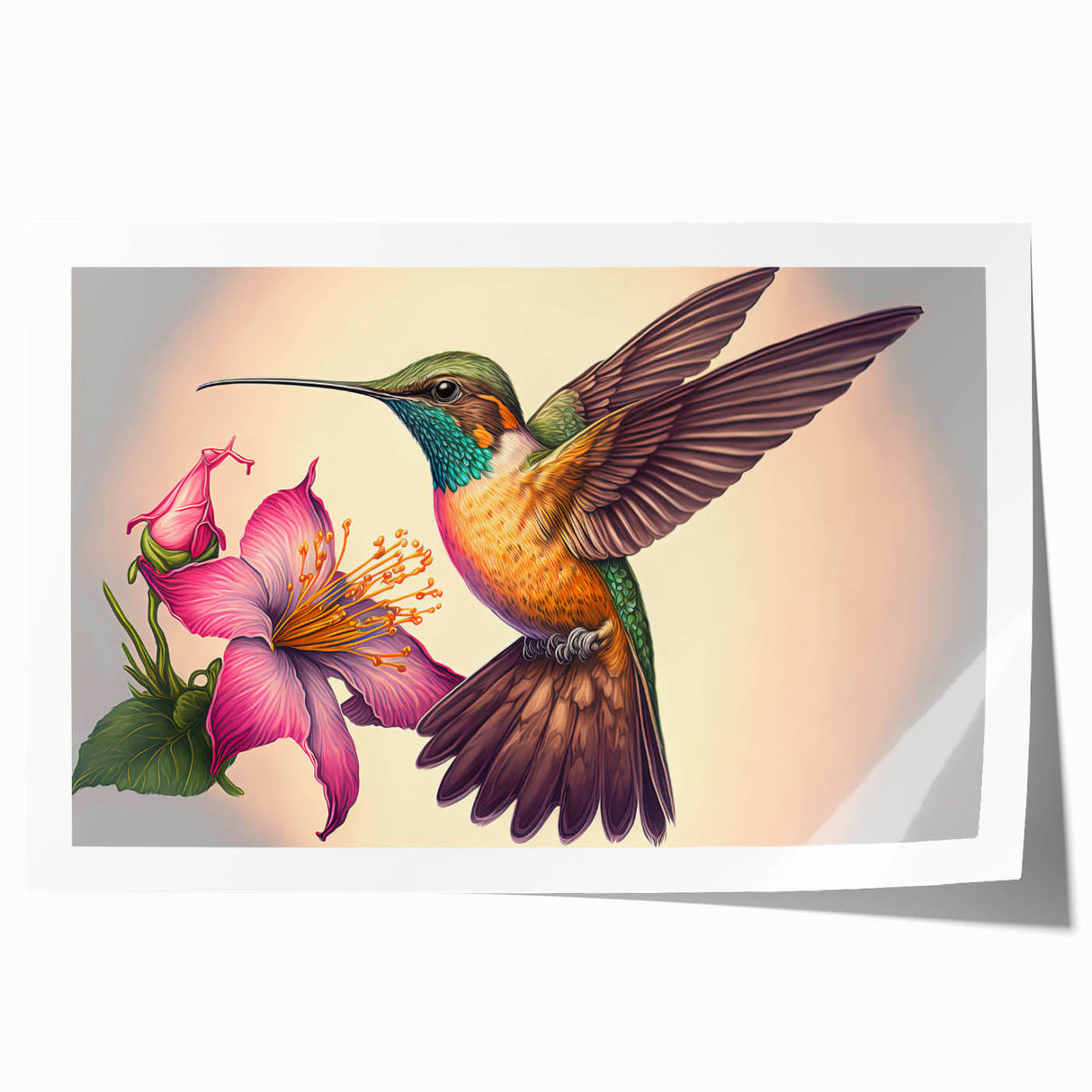 Vibrant hummingbird wall art print showcasing intricate design details, featuring rich colors and textures, ideal for home decor or art collection display.