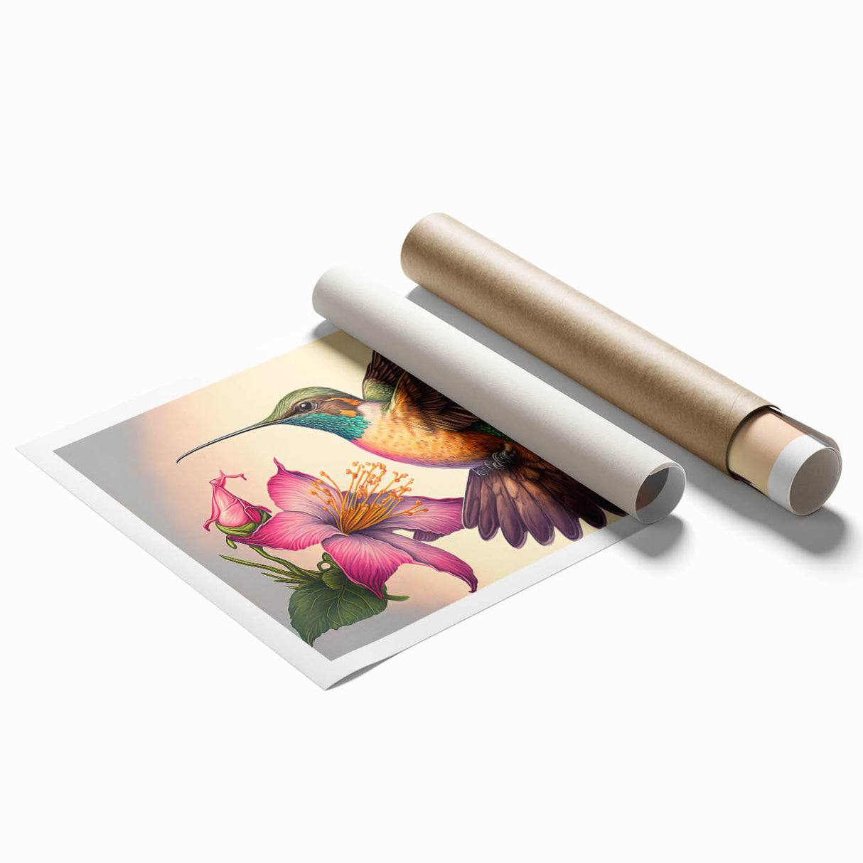Colorful hummingbird wall art print showcasing intricate designs and vibrant colors, rolled and ready for framing, ideal for enhancing home decor.