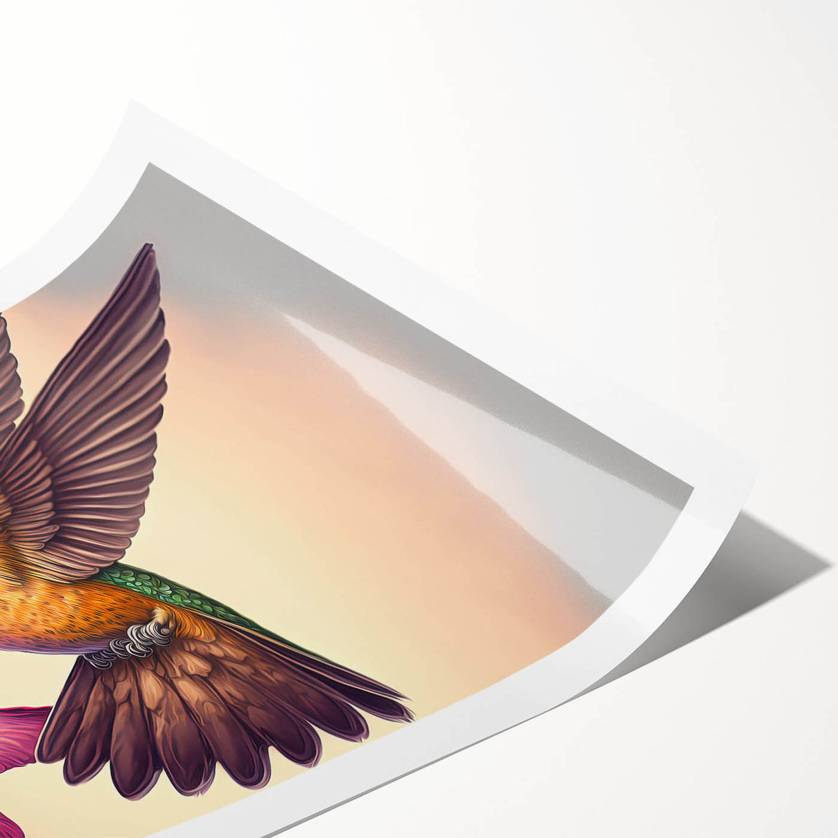 Vibrant rolled print of a hummingbird design, showcasing intricate details in blues and greens, perfect for home decor or art enthusiasts. Packaged securely for delivery.