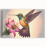 Vibrant hummingbird wall art design on stretched canvas, showcasing intricate details and bright colors, ideal for adding a touch of nature to any room.