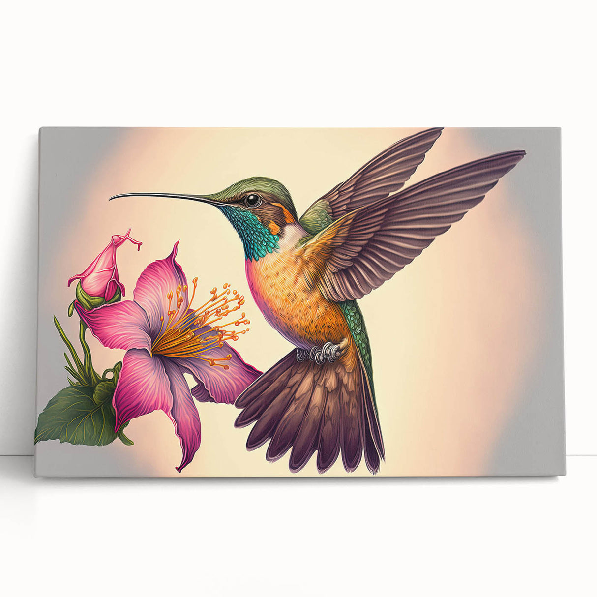 Vibrant hummingbird wall art collection on stretched canvas, showcasing intricate details and bright colors, perfect for adding a lively touch to any room decor.